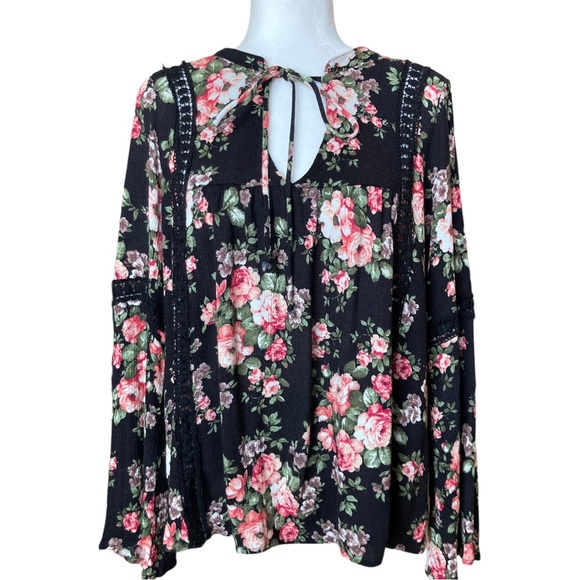 Altar'd State Women's long sleeve black floral boho blouse, Sz L - Picture 3 of 17